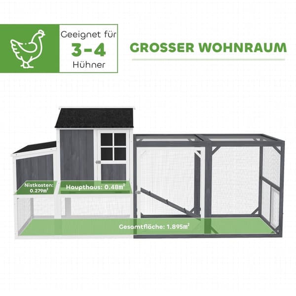 Rootz Chicken Coop med Run - Poultry House - Fir Wood - Sikker hekkeboks - 236,5 cm x 91 cm x 114 cm - Ideel til 3-4 kyllinger - Grå