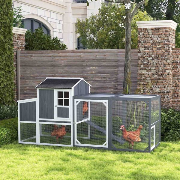 Rootz Chicken Coop med Run - Poultry House - Fir Wood - Sikker hekkeboks - 236,5 cm x 91 cm x 114 cm - Ideel til 3-4 kyllinger - Grå