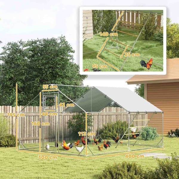 Rootz Chicken Coop Freewheel -kotelo - UV -kestävä tarpauliini - Teräs ritilä - 12-18 Kanan kapasiteetti - 300 cm x 400 cm x 195cm