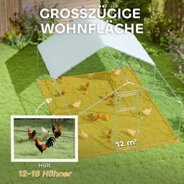 Rootz Chicken Coop Freewheel -kotelo - UV -kestävä tarpauliini - Teräs ritilä - 12-18 Kanan kapasiteetti - 300 cm x 400 cm x 195cm