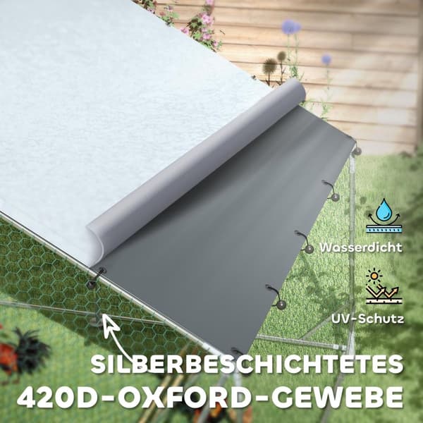 Rootz Chicken Coop Freewheel -kotelo - UV -kestävä tarpauliini - Teräs ritilä - 12-18 Kanan kapasiteetti - 300 cm x 400 cm x 195cm