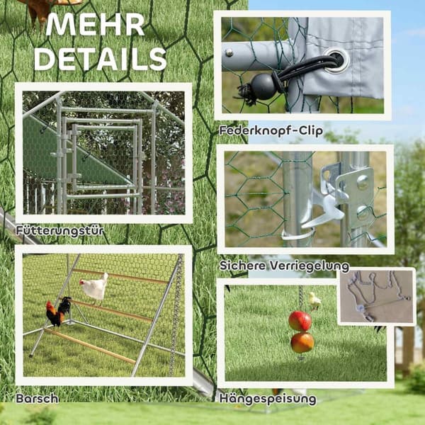 Rootz Chicken Coop Freewheel -kotelo - UV -kestävä tarpauliini - Teräs ritilä - 12-18 Kanan kapasiteetti - 300 cm x 400 cm x 195cm