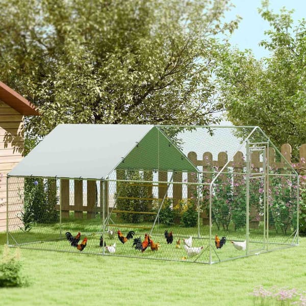 Rootz Chicken Coop Freewheel -kotelo - UV -kestävä tarpauliini - Teräs ritilä - 12-18 Kanan kapasiteetti - 300 cm x 400 cm x 195cm
