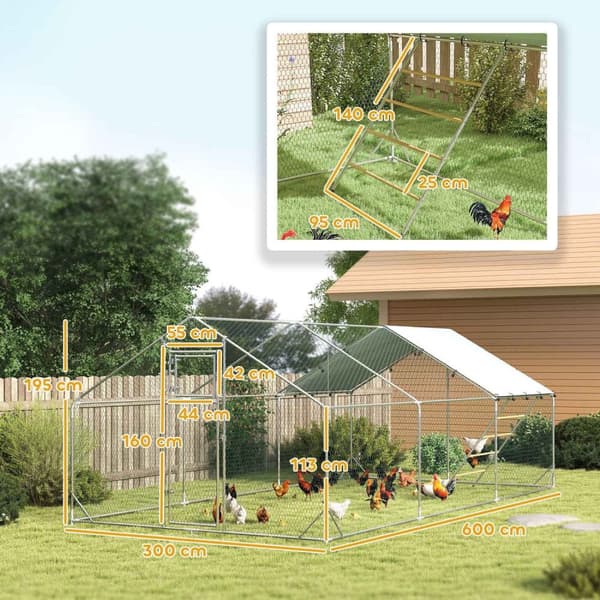 Rootz Chicken Coop -kabinet - Freewheel - UV -resistent - Rummeligt 18m² område - 300 cm x 600 cm x 195 cm