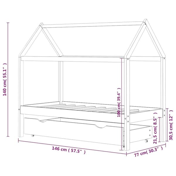 vidaXL Ramme for barneseng med skuff hvit heltre furu 70x140 cm