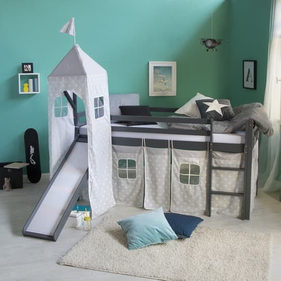 Loftsäng Med Gardin - Rutschkana - Torn - Grå - Stjärnor - 90x200