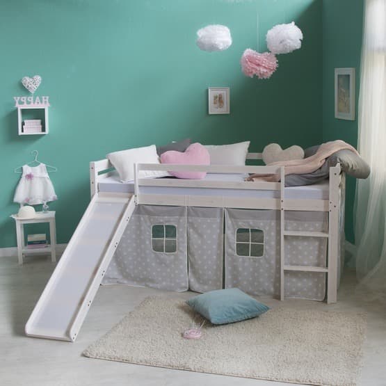 Loftsäng Med Gardin - Rutschkana - Vit - Stjärnor - 90x200