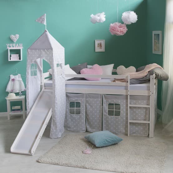 Loftsäng Med Gardin - Rutschkana - Torn - Vit - Stjärnor - 90x200