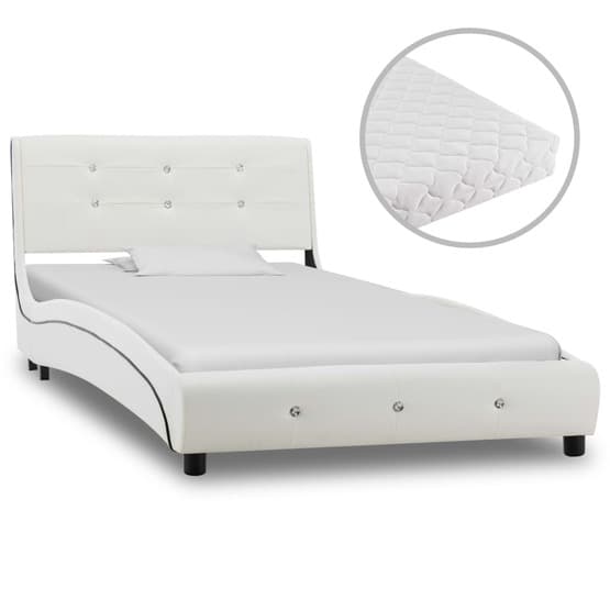 Säng Med Madrass Vit Konstläder Knappar 90X200 Cm