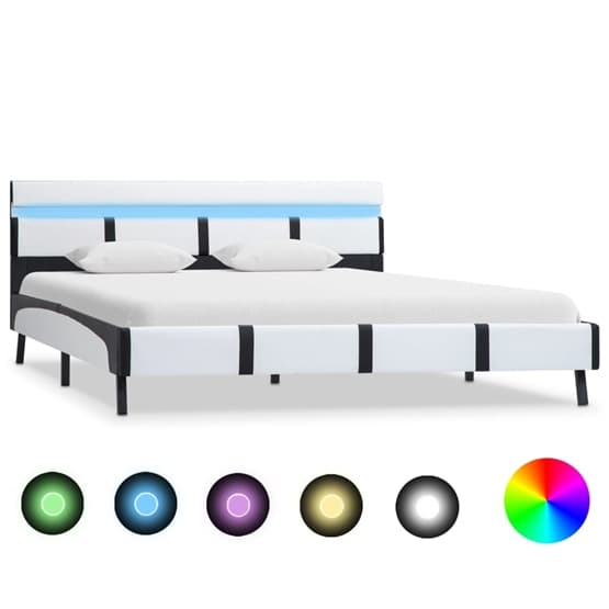 Sängram Med Led Vit Konstläder Mörka Ben 160X200 Cm