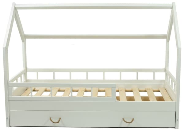 Børneseng af massivt træ - skandinavisk stil - husseng - 160x80 cm - med barrierer - hvid