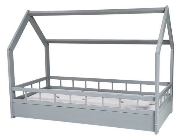 Träsäng - hussäng - inkl premiummadrass - 160x80 - med barriärer - grå