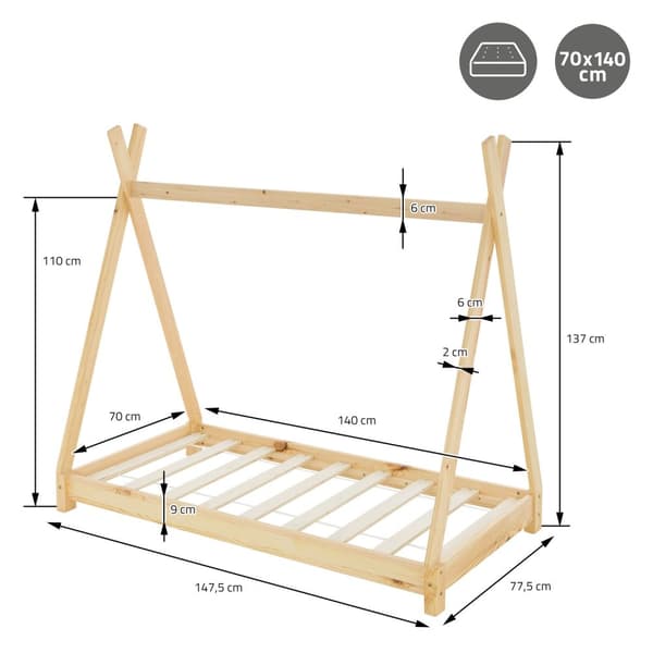 ML Design COT TEPI 70 x 140 cm med slattedramme, natur, indisk seng lavet af massivt træ, hus seng til piger og drenge, børnehus ungdom seng træ seng
