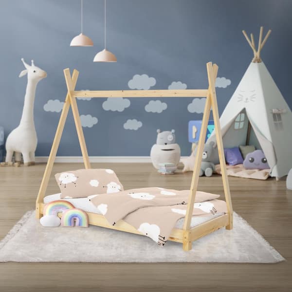 ML Design COT TEPI 70 x 140 cm med slattedramme, natur, indisk seng lavet af massivt træ, hus seng til piger og drenge, børnehus ungdom seng træ seng