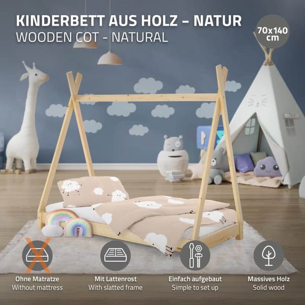 ML Design COT TEPI 70 x 140 cm med slattedramme, natur, indisk seng lavet af massivt træ, hus seng til piger og drenge, børnehus ungdom seng træ seng
