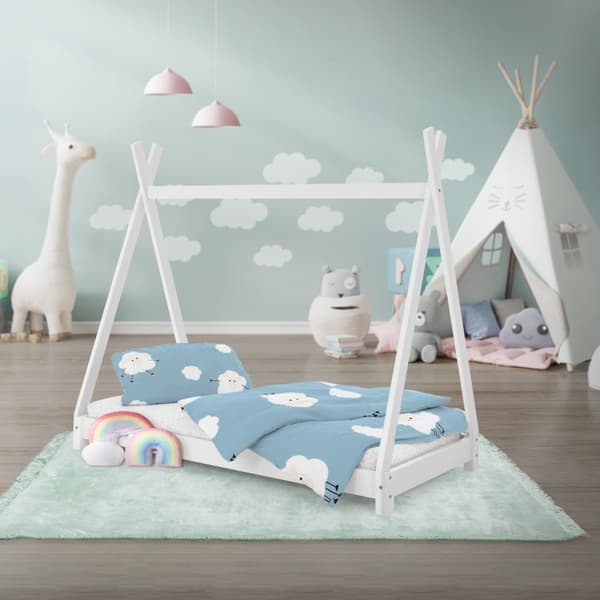 ML Design cot tipi 70 x 140 cm med slatt ram, vit, indisk säng gjord av massivt trä, hus säng för tjejer och pojkar, barn hus ungdom säng trä säng