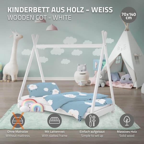 ML Design cot tipi 70 x 140 cm med slatt ram, vit, indisk säng gjord av massivt trä, hus säng för tjejer och pojkar, barn hus ungdom säng trä säng