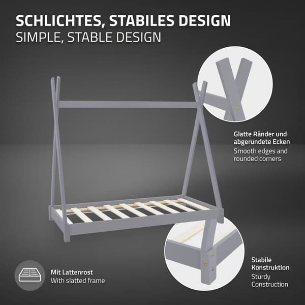 ML Design Pinnasänky TEPI 70 x 140 cm slotted runko, vaaleanharmaa, intialainen sänky massiivipuuta, talon sänky tytöille ja pojille, lasten talon