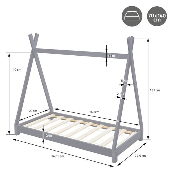 ML Design Pinnasänky TEPI 70 x 140 cm slotted runko, vaaleanharmaa, intialainen sänky massiivipuuta, talon sänky tytöille ja pojille, lasten talon