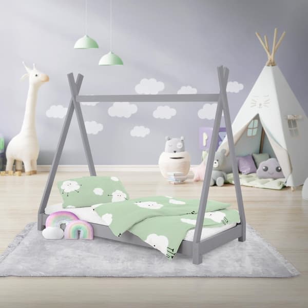 ML Design Pinnasänky TEPI 70 x 140 cm slotted runko, vaaleanharmaa, intialainen sänky massiivipuuta, talon sänky tytöille ja pojille, lasten talon