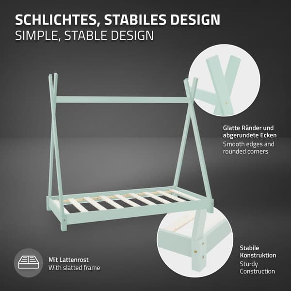 ML Design COT TIPI 70 x 140 cm med slattedramme, mynte, indisk seng lavet af massivt træ, hus seng til piger og drenge, børnehus ungdoms seng træ seng