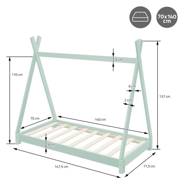 ML Design COT TIPI 70 x 140 cm med slattedramme, mynte, indisk seng lavet af massivt træ, hus seng til piger og drenge, børnehus ungdoms seng træ seng