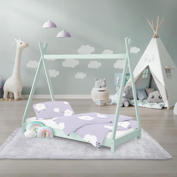 ML Design COT TIPI 70 x 140 cm med slattedramme, mynte, indisk seng lavet af massivt træ, hus seng til piger og drenge, børnehus ungdoms seng træ seng