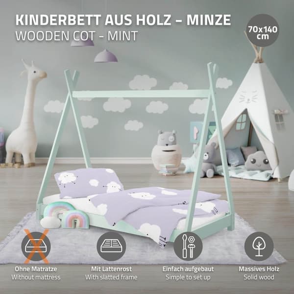 ML Design COT TIPI 70 x 140 cm med slattedramme, mynte, indisk seng lavet af massivt træ, hus seng til piger og drenge, børnehus ungdoms seng træ seng