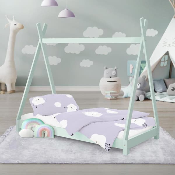 ML Design Cot Tipi 70 x 140 cm slotted runko, minttu, intialainen sänky massiivipuusta, talon sänky tytöille ja pojille, lasten talon nuori sänky