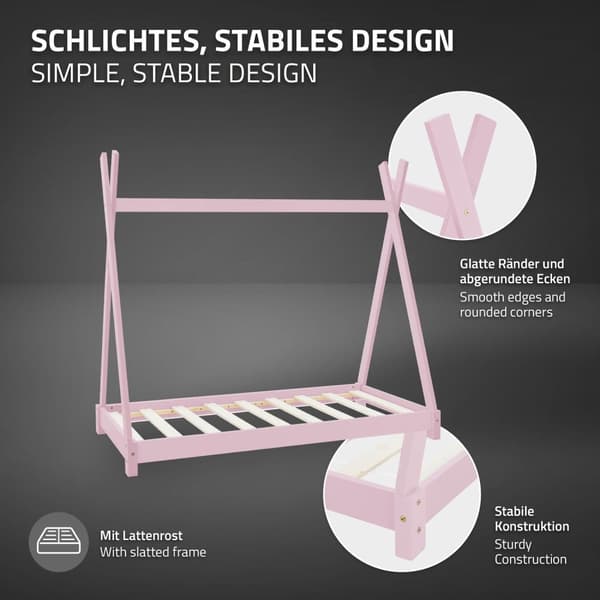 ML Design COT TIPI 70 x 140 cm med slattedramme, pink, indisk seng lavet af massivt træ, hus seng til piger, børnehus ungdoms seng træ seng seng hus
