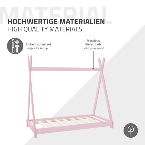 ML Design COT TIPI 70 x 140 cm med slattedramme, pink, indisk seng lavet af massivt træ, hus seng til piger, børnehus ungdoms seng træ seng seng hus