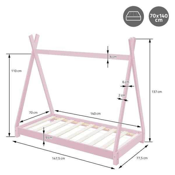 ML Design COT TIPI 70 x 140 cm med slattedramme, pink, indisk seng lavet af massivt træ, hus seng til piger, børnehus ungdoms seng træ seng seng hus