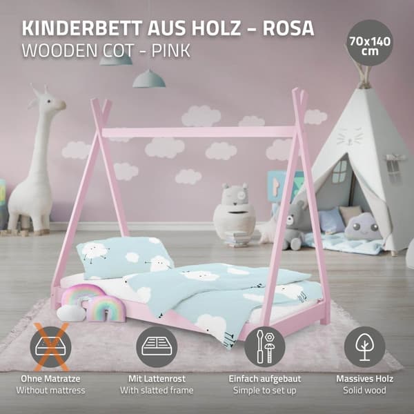 ML Design COT TIPI 70 x 140 cm med slattedramme, pink, indisk seng lavet af massivt træ, hus seng til piger, børnehus ungdoms seng træ seng seng hus