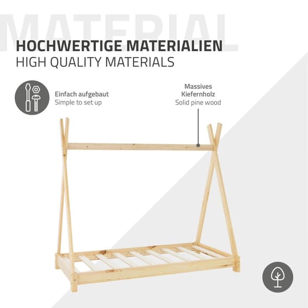ML Design Cot Tipi 80 x 160cm slotted runko, luonto, intialainen sänky massiivipuuta, talon sänky tytöille ja pojille, lasten talon nuori sänky puinen