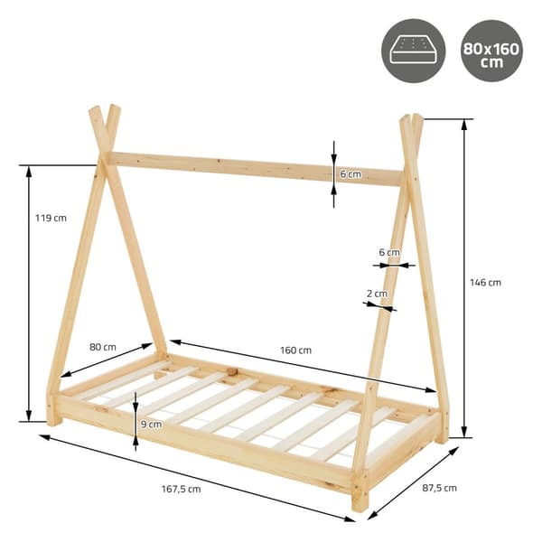ML Design Cot Tipi 80 x 160cm slotted runko, luonto, intialainen sänky massiivipuuta, talon sänky tytöille ja pojille, lasten talon nuori sänky puinen