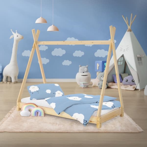 ML Design Cot Tipi 80 x 160cm slotted runko, luonto, intialainen sänky massiivipuuta, talon sänky tytöille ja pojille, lasten talon nuori sänky puinen