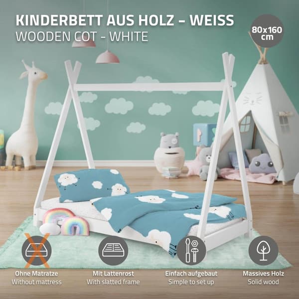 ML Design COT TIPI 80 x 160cm med slattedramme, hvid, indisk seng lavet af massivt træ, hus seng til piger og drenge, børnehus ungdoms seng træ