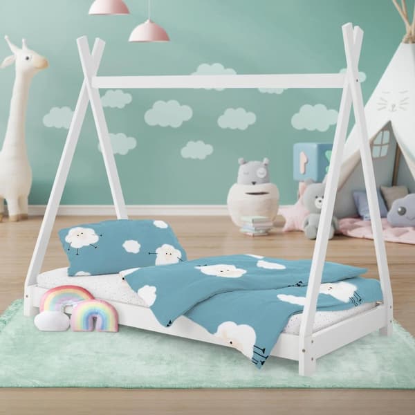 ML Design COT TIPI 80 x 160cm med slattedramme, hvid, indisk seng lavet af massivt træ, hus seng til piger og drenge, børnehus ungdoms seng træ