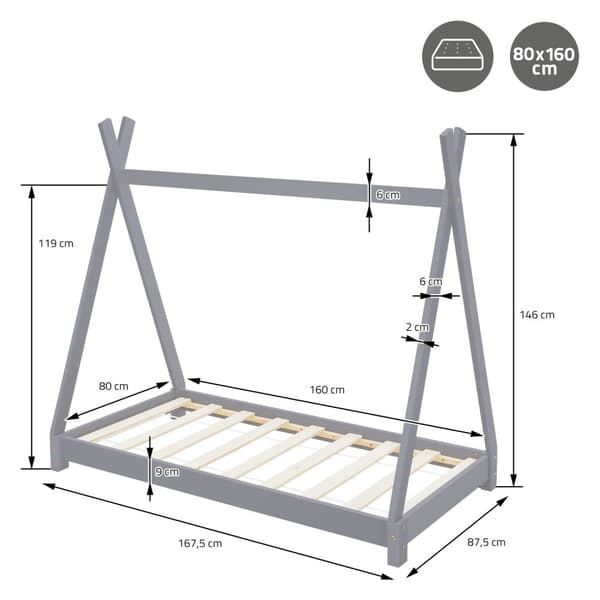 ML Design Pinnasänky TEPI 80 x 160cm slatted runko, vaaleanharmaa, intialainen sänky massiivipuusta, talon sänky tytöille ja pojille