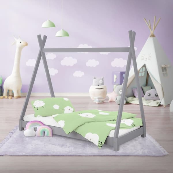 ML Design Pinnasänky TEPI 80 x 160cm slatted runko, vaaleanharmaa, intialainen sänky massiivipuusta, talon sänky tytöille ja pojille