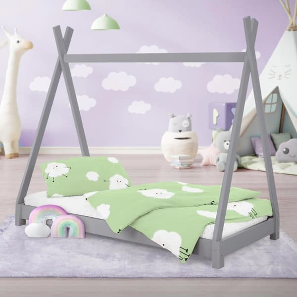 ML Design COT TEPI 80x160cm med slattestramme, lysegrå, indisk seng lavet af massivt træ, hus seng til piger og drenge, børnehus ungdoms seng træ seng