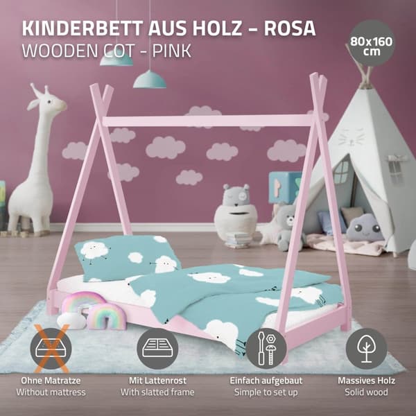 ML Design cot tipi 80 x 160cm med slatt ram, rosa indisk säng gjord av massivt trä, hus säng för tjejer, tall trä, barn hus ungdom säng trä säng säng
