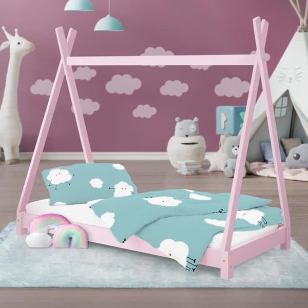 ML Design Cot Tipi 80x160cm slotted runko, vaaleanpunainen, intialainen sänky massiivipuuta, talon sänky tytöille, mänty puu, lasten talon nuori sänky