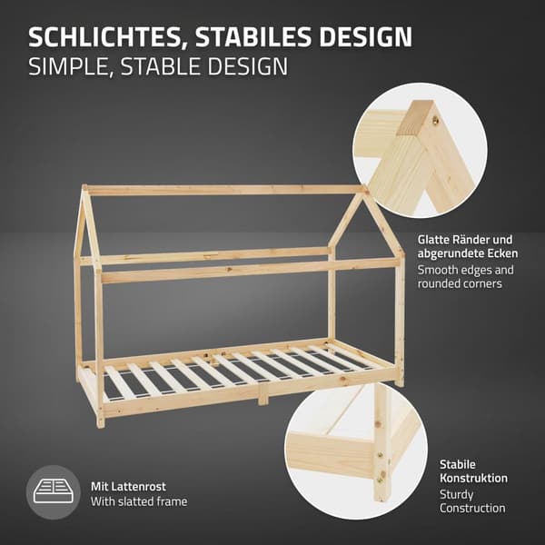 ML Design Spjälsäng 90 x 200 cm med tak och slattram, natur, husbädd för tjejer och pojkar, barnhus av solid tallskog, robust ungdomssäng