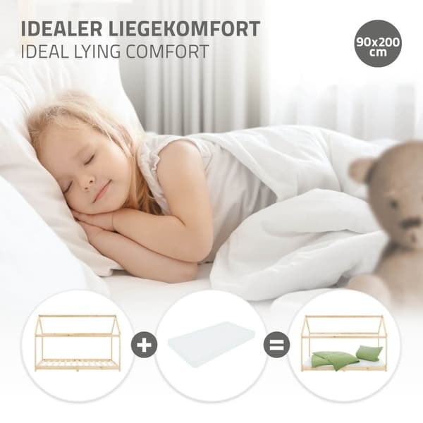 ML Design Spjälsäng 90 x 200 cm med tak och slattram, natur, husbädd för tjejer och pojkar, barnhus av solid tallskog, robust ungdomssäng