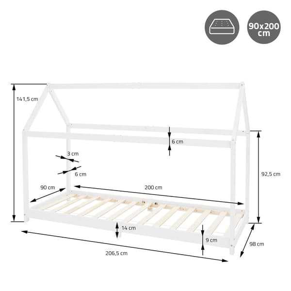 ML Design Pinnasänky 90 x 200 cm katolla ja slotted kehys, talonpohja tytöille ja pojille, lasten talo kiinteästä mäntypuusta, tukeva nuoriso sänky