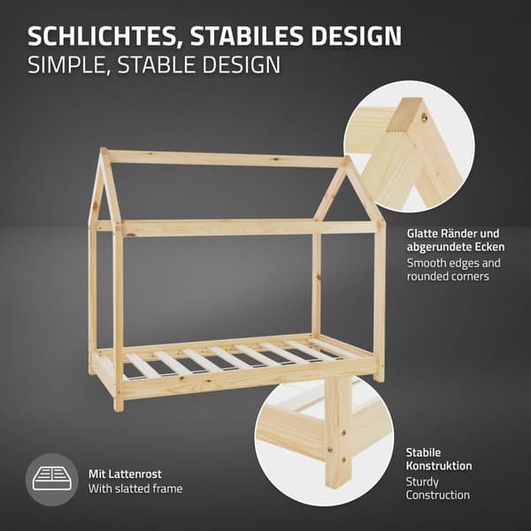 ML Design CoT 70x140 cm katto ja slotted kehys, luonto, talonpohja tytöille ja pojille, lasten talo kiinteästä mäntypuusta, tukeva nuoriso sänky