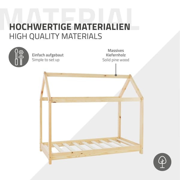 ML Design CoT 70x140 cm katto ja slotted kehys, luonto, talonpohja tytöille ja pojille, lasten talo kiinteästä mäntypuusta, tukeva nuoriso sänky