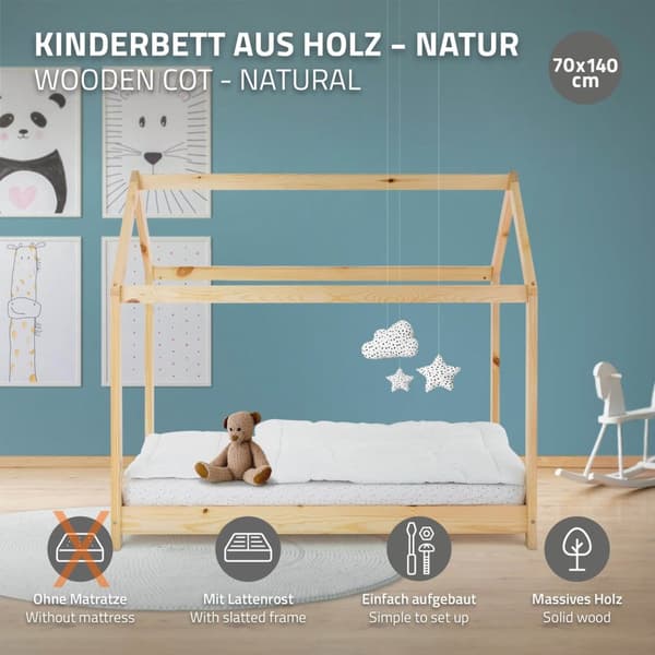 ML Design CoT 70x140 cm katto ja slotted kehys, luonto, talonpohja tytöille ja pojille, lasten talo kiinteästä mäntypuusta, tukeva nuoriso sänky