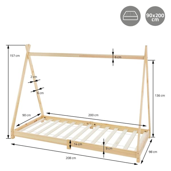 ML Design Cot Tipi 90 x 200 cm slotted runko, luonto, intialainen sänky massiivipuusta, lasten talon nuori sänky puinen sängyn sänky